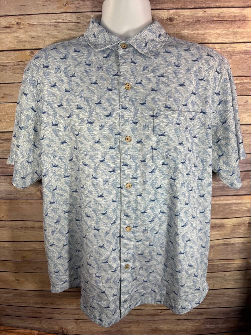 Guy Harvey Blue Button Down Shirt Large Boats Stretch